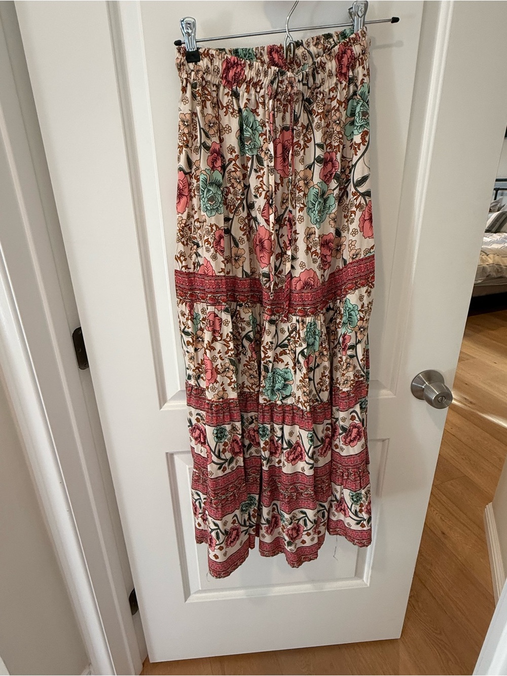 Sunday Floral Tiered Midi Skirt in Cream, Pink, Teal